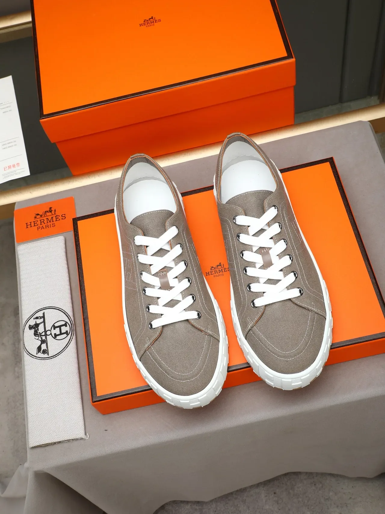 Hermès Beige White Canvas Upper H-Embossed Sole Sneakers 2