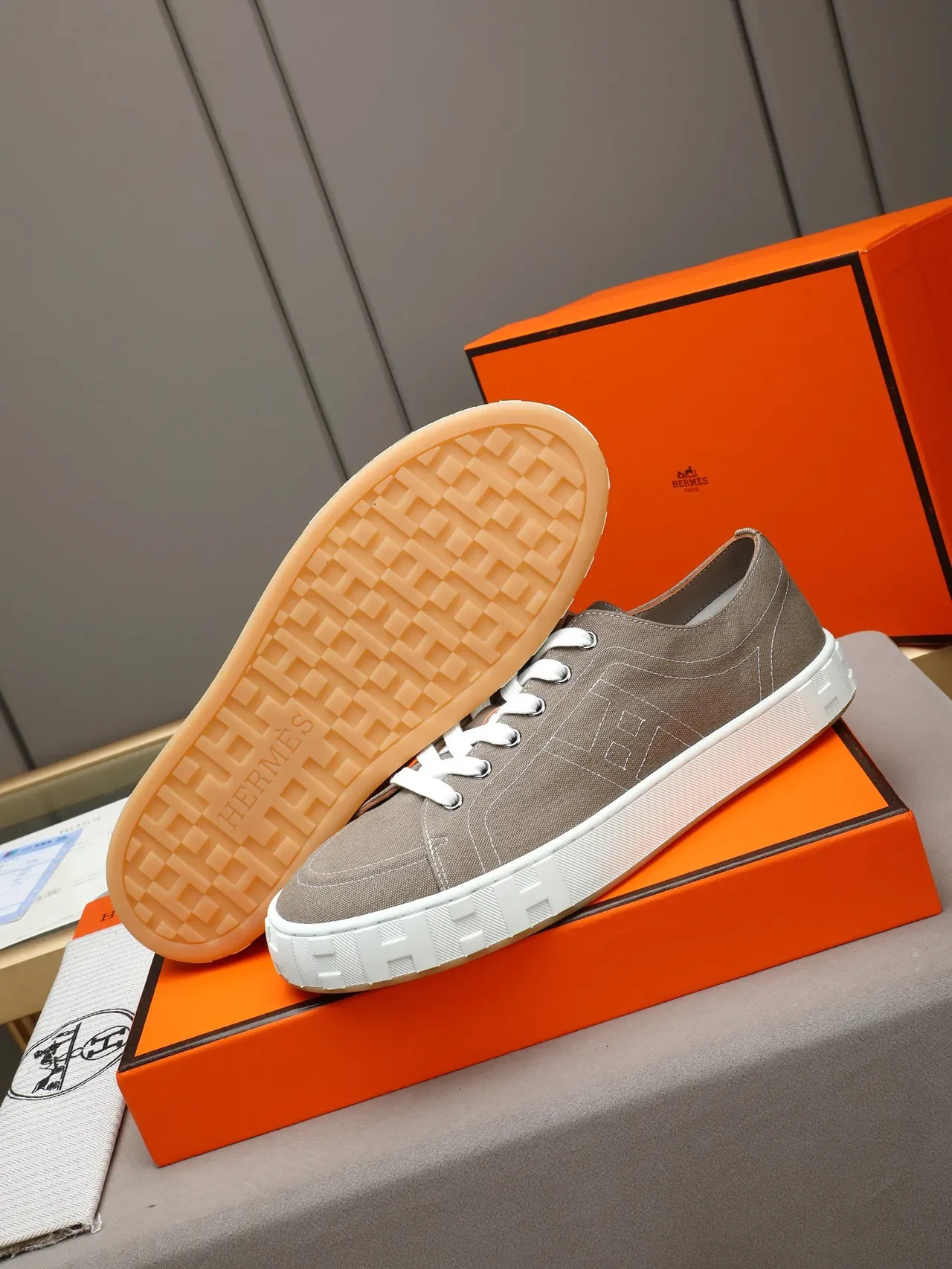 Hermès Beige White Canvas Upper H-Embossed Sole Sneakers 4