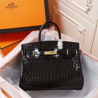 Hermès Birkin Glossy Crocodile-Embossed Black Gold Hardware Tote Bag
