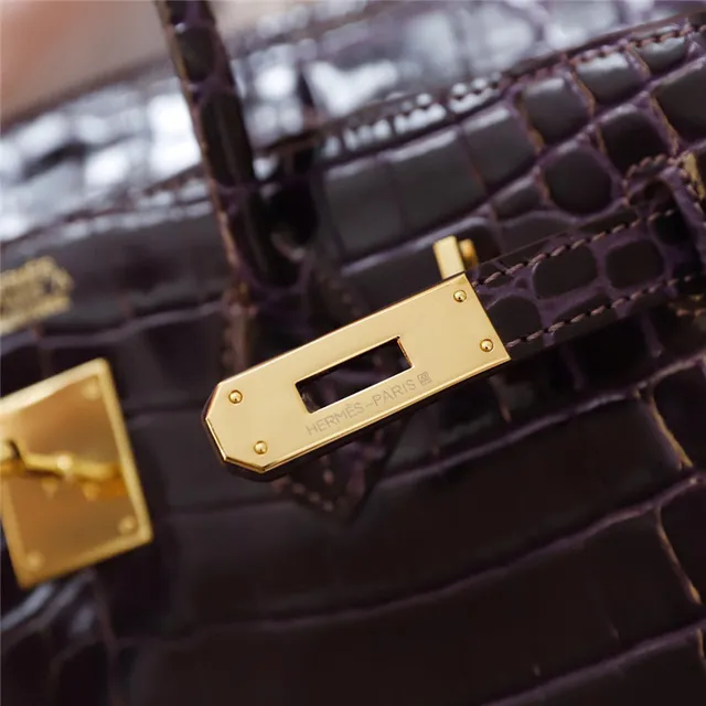 Hermès Birkin Sac Tote Crocodile Glossy Noir avec Ferrures en Or 13