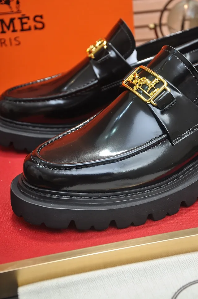 Hermès Black Gold Patent Leather Buckle Loafer 2