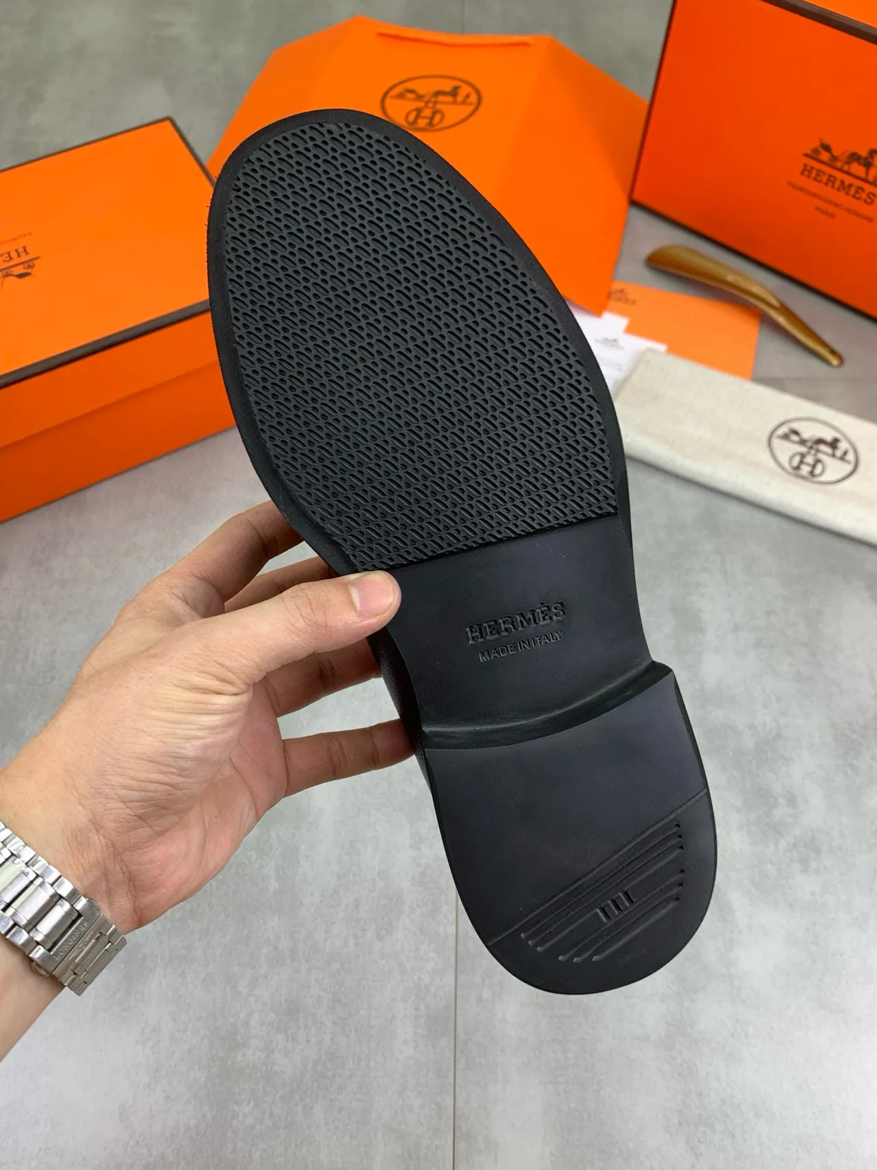 Hermès Black Pebbled Leather Penny Loafer 4