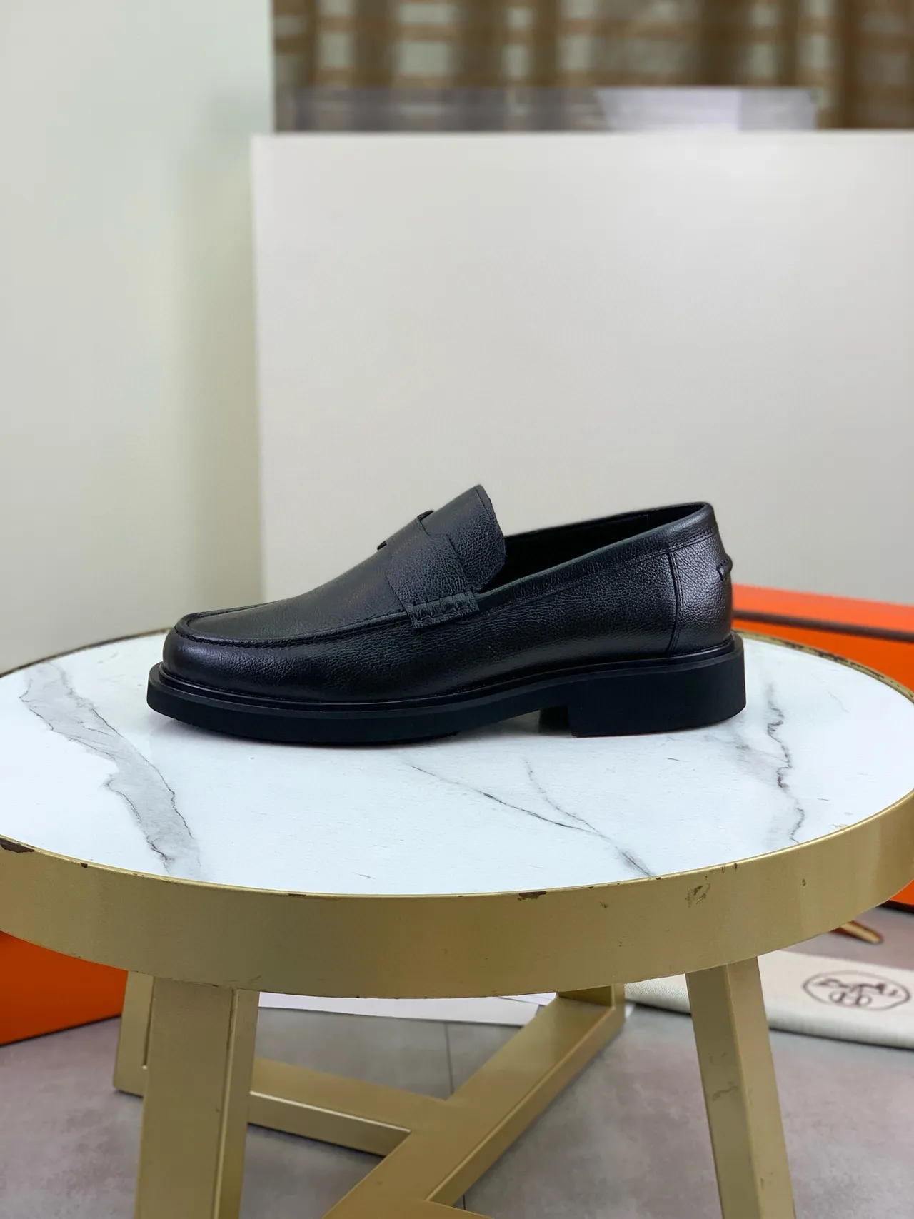 Hermès Black Pebbled Leather Penny Loafer 6