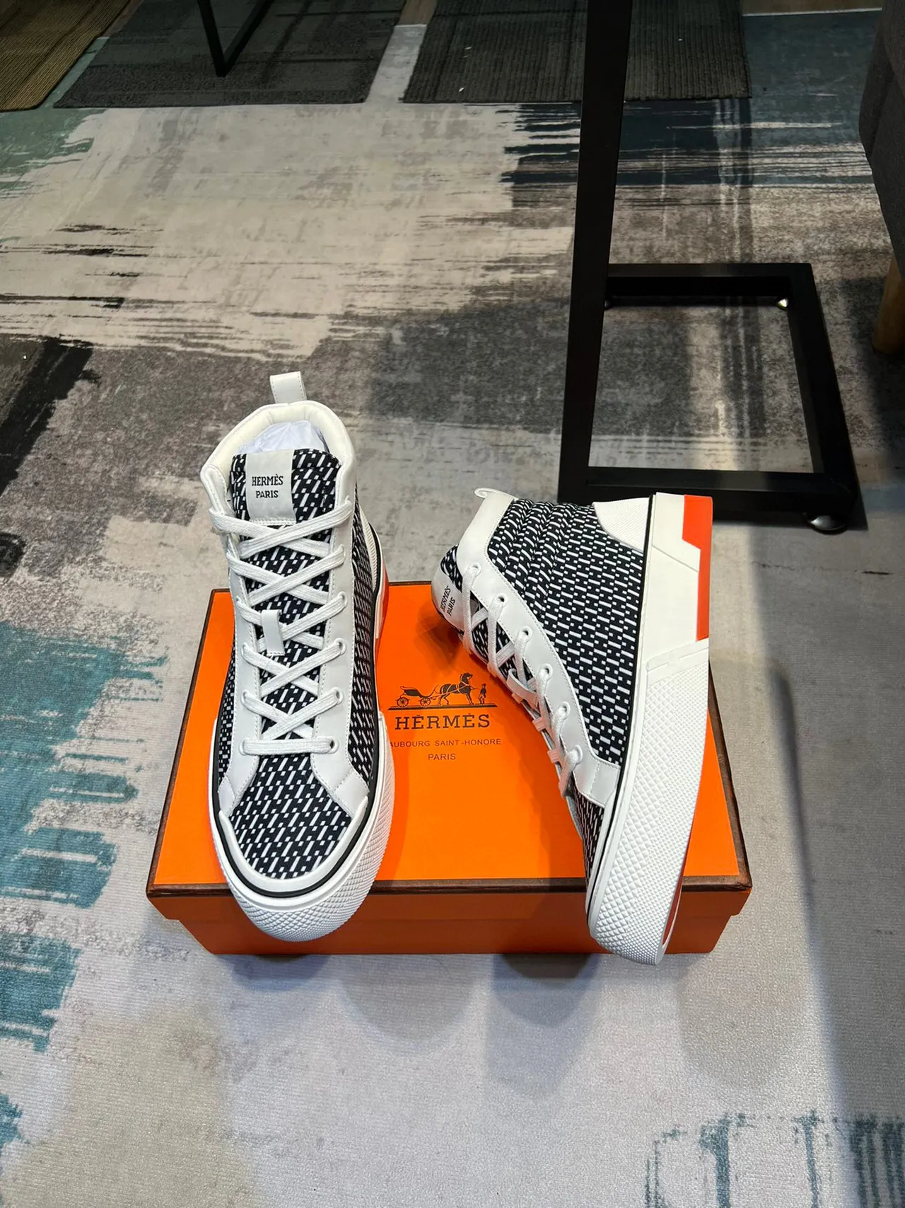 Hermès Black White High-Top Geometric-Patterned Textile Lifestyle Sneakers 9