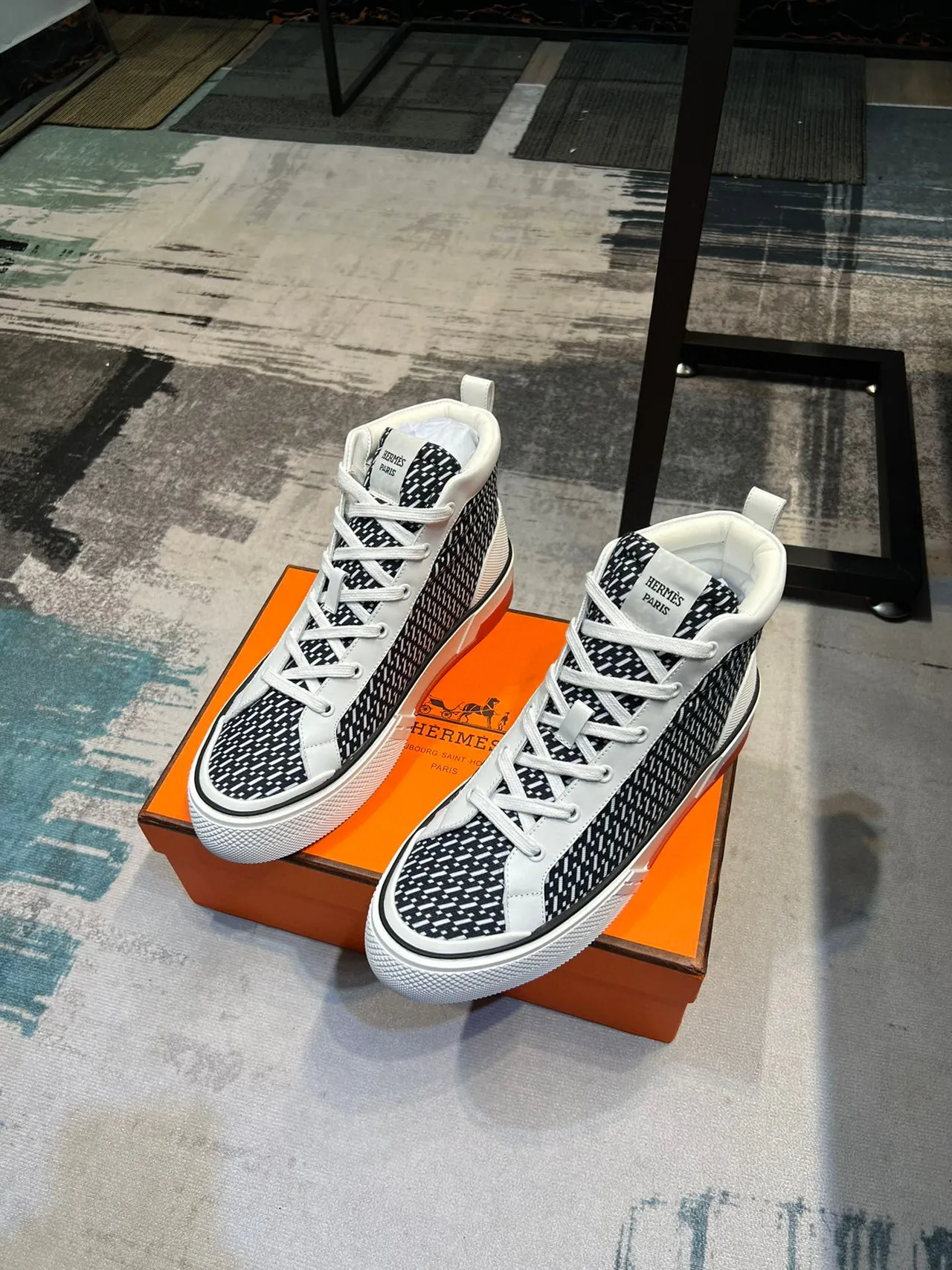Hermès Black White High-Top Geometric-Patterned Textile Lifestyle Sneakers 4