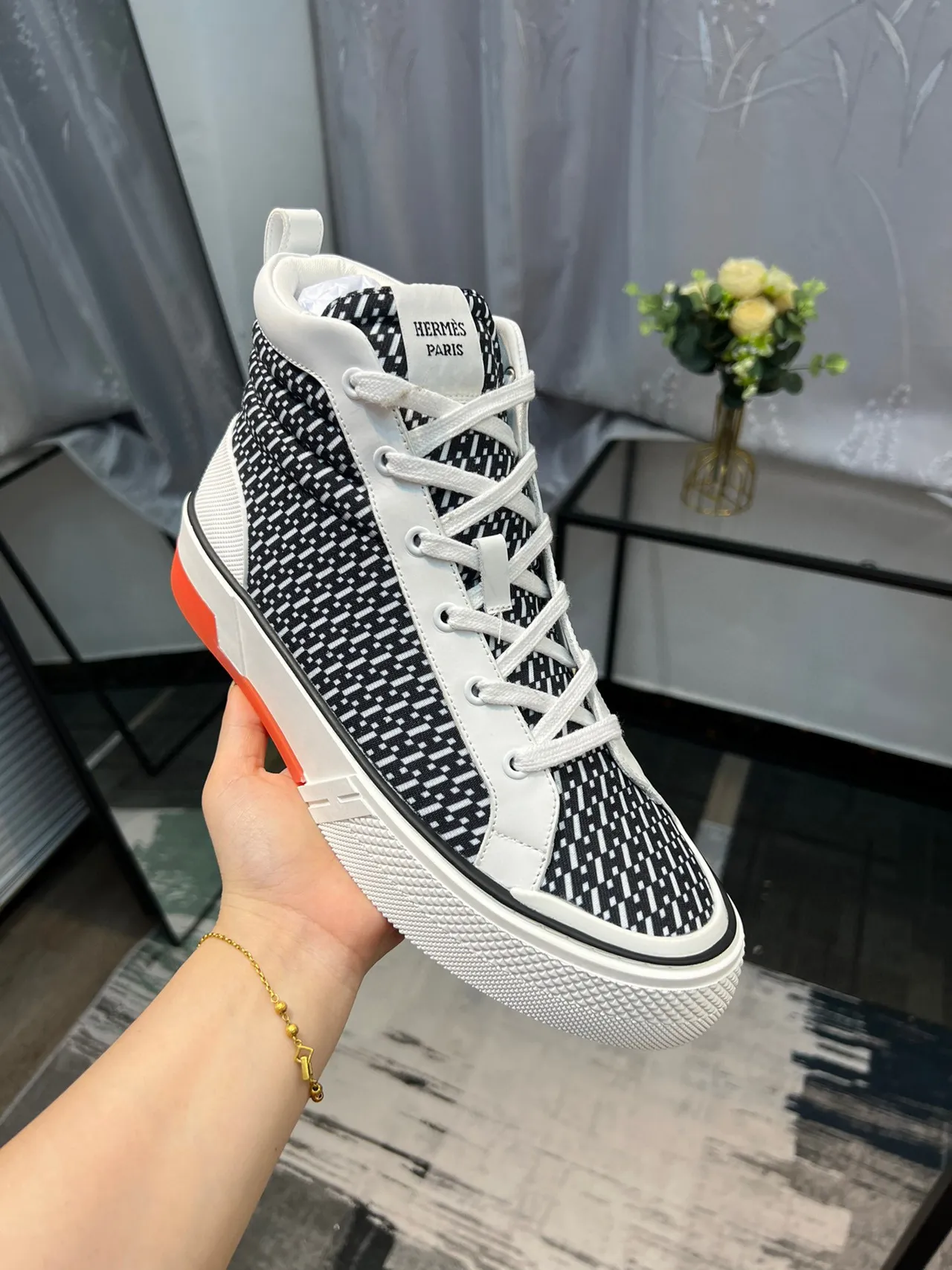 Hermès Black White High-Top Geometric-Patterned Textile Lifestyle Sneakers 5