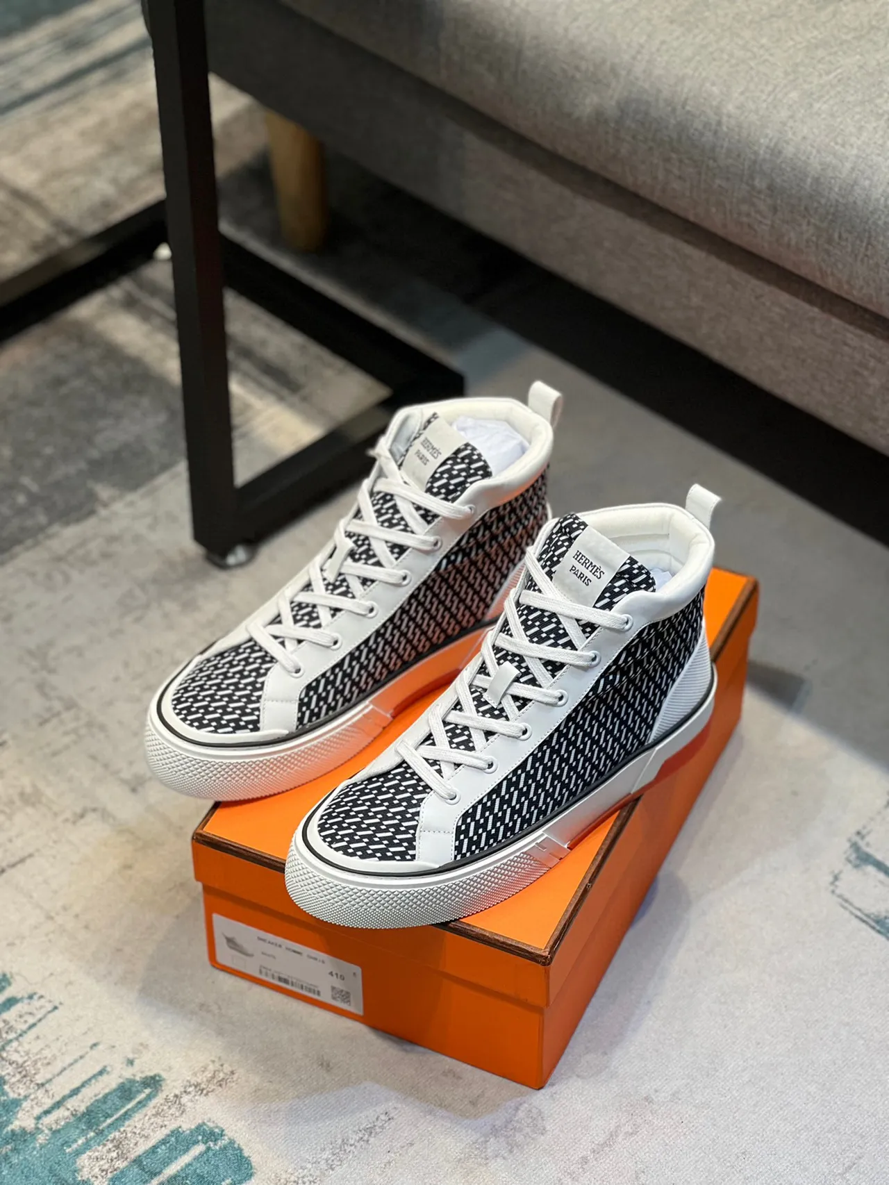 Hermès Black White High-Top Geometric-Patterned Textile Lifestyle Sneakers 6
