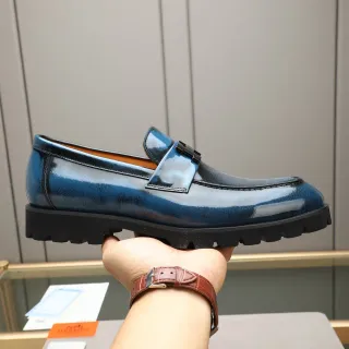 Hermès Blue Black Glossy Patent-Effect Leather Buckle Strap Detail Loafer