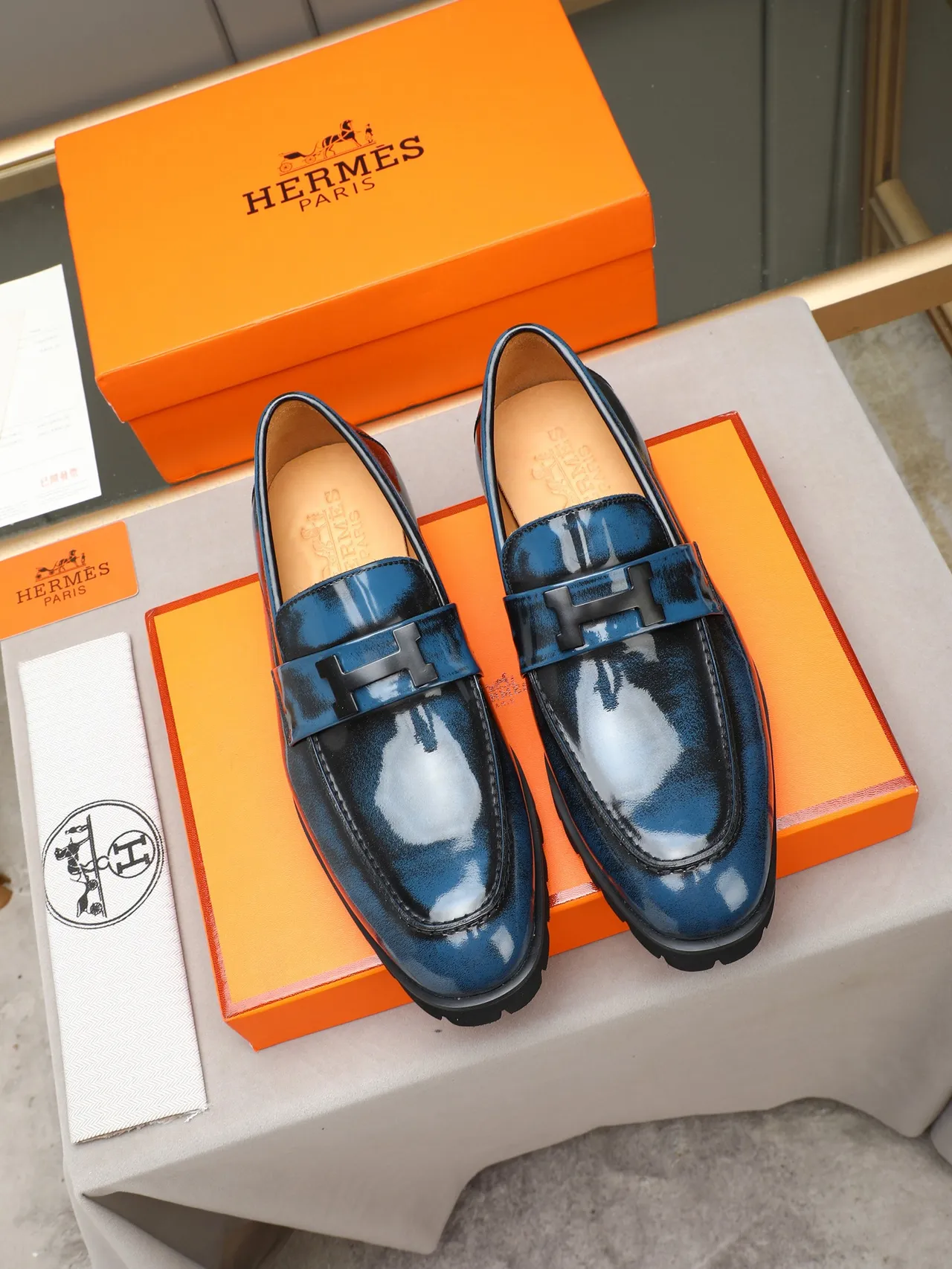 Hermès Blue Black Glossy Patent-Effect Leather Buckle Strap Detail Loafer 2