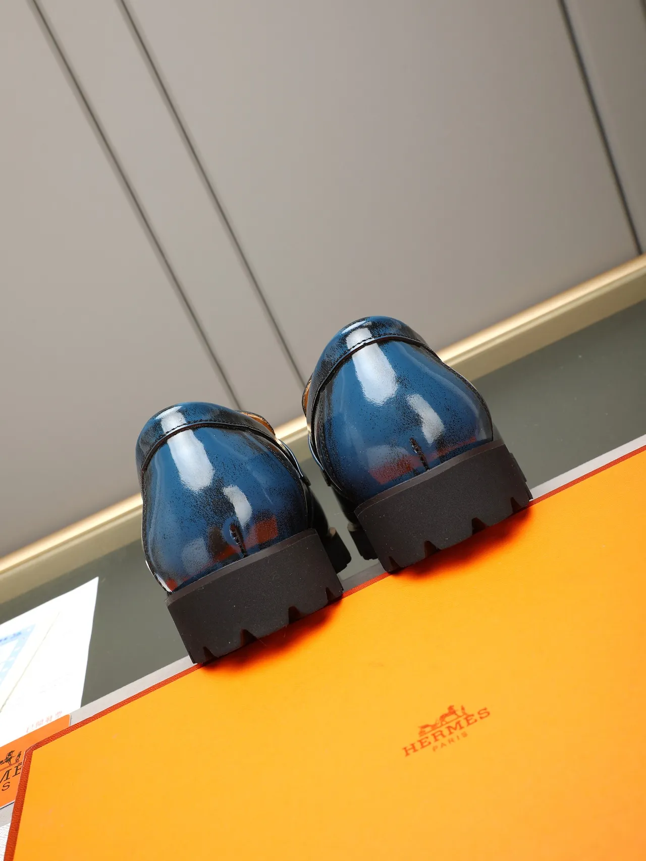 Hermès Blue Black Glossy Patent-Effect Leather Buckle Strap Detail Loafer 3
