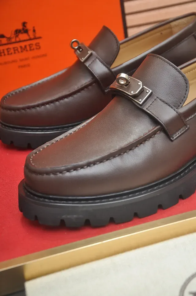 Hermès Brown Black Leather Metal Buckle Strap Loafer 2
