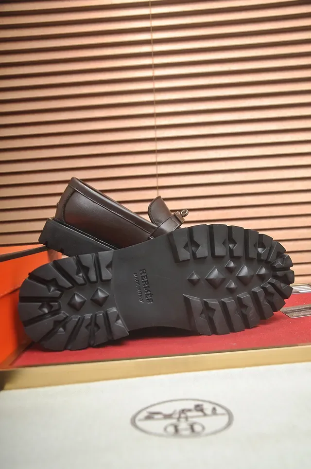 Hermès Brown Black Leather Metal Buckle Strap Loafer 3