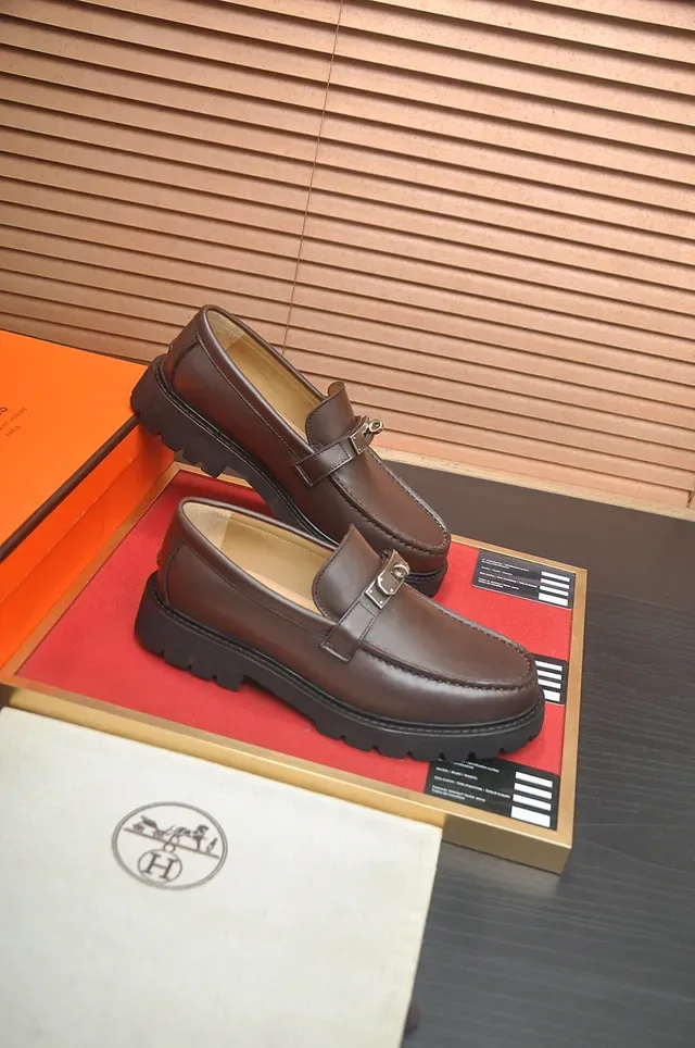 Hermès Brown Black Leather Metal Buckle Strap Loafer 4