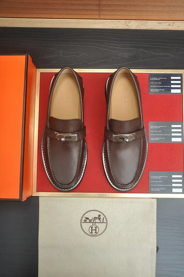 Hermès Brown Black Leather Metal Buckle Strap Loafer 5