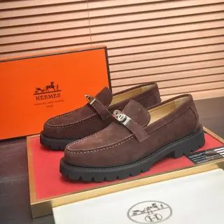 Hermès Marrón Negro Piel de ante Superior Correa de Metal Hebilla H Loafer