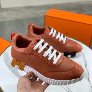 Hermès Brown White Dual-Material Upper Zigzag-Stitched Overlay Lifestyle Sneakers