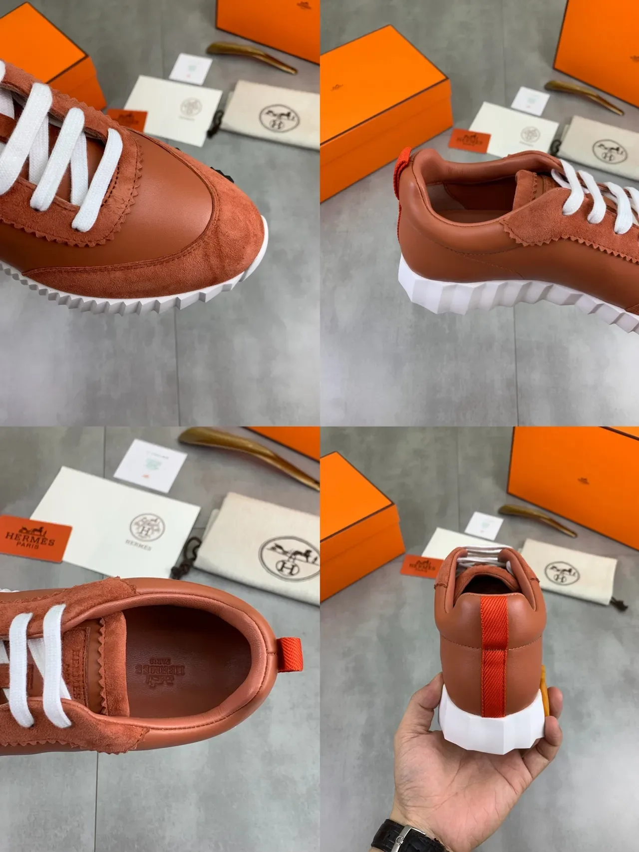 Hermès Brown White Dual-Material Upper Zigzag-Stitched Overlay Lifestyle Sneakers 2