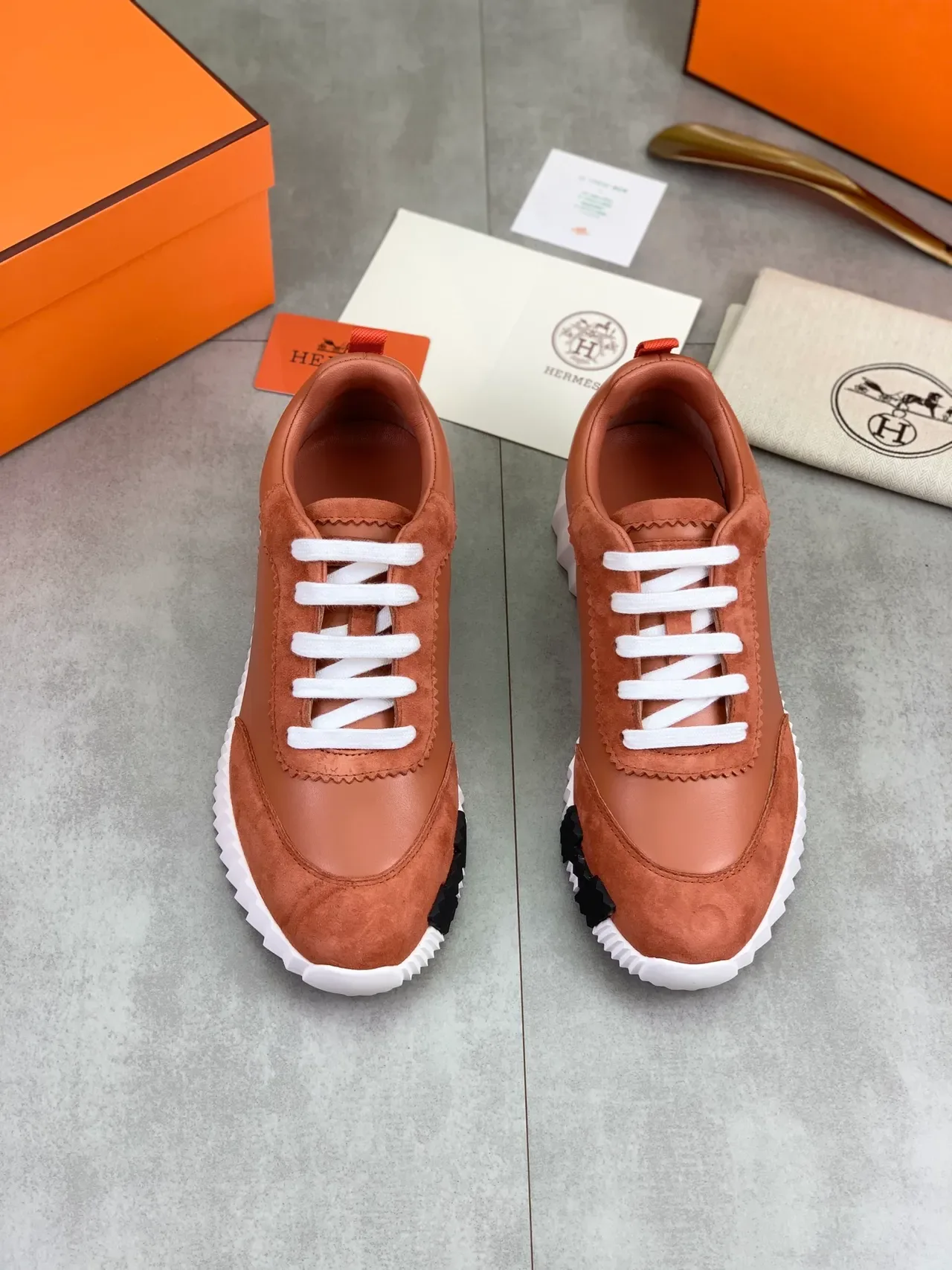 Hermès Brown White Dual-Material Upper Zigzag-Stitched Overlay Lifestyle Sneakers 4