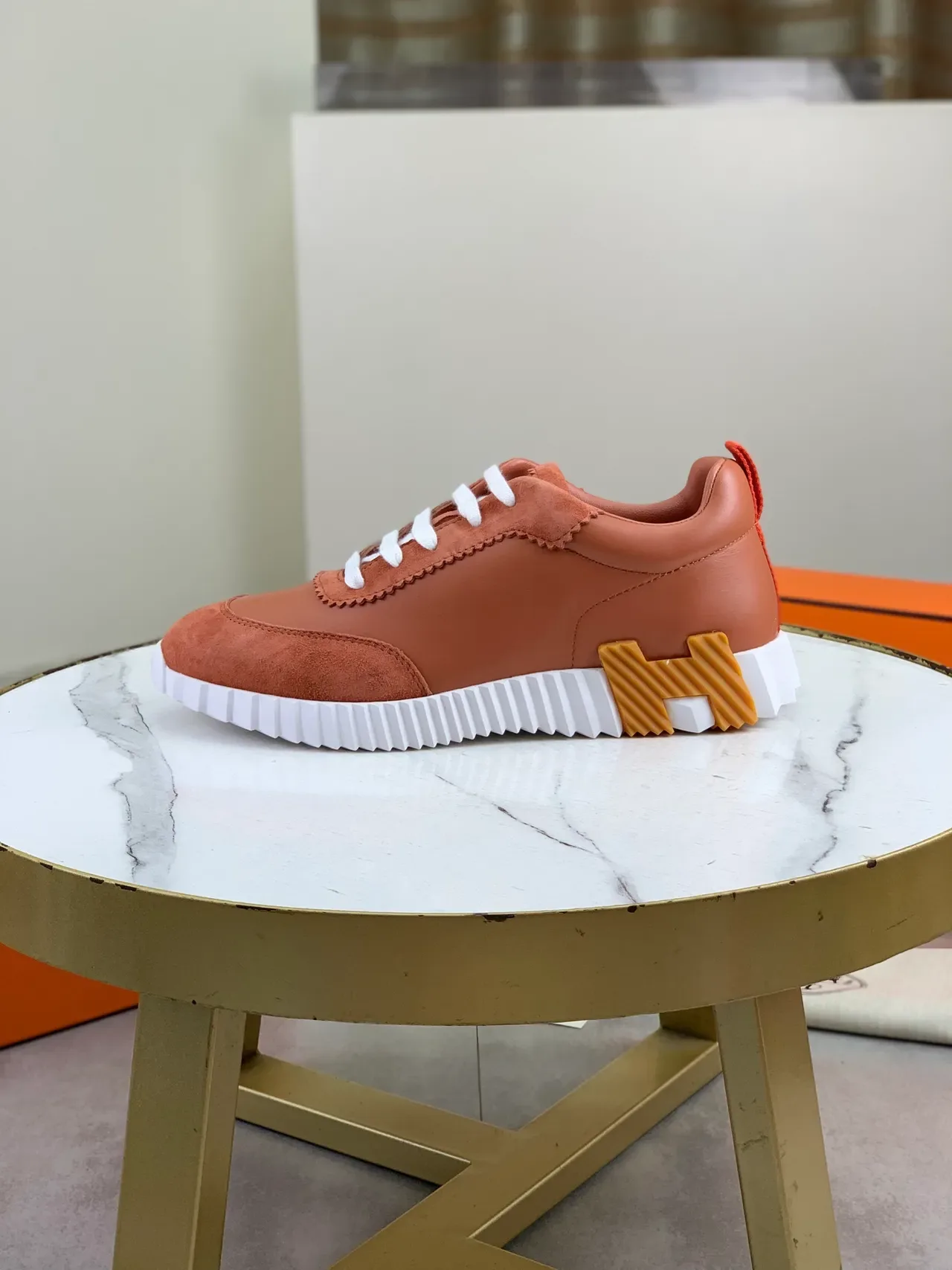 Hermès Brown White Dual-Material Upper Zigzag-Stitched Overlay Lifestyle Sneakers 5
