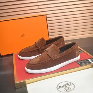 Hermès Marrón Blanco Ante Superior Correa Penny Loafer