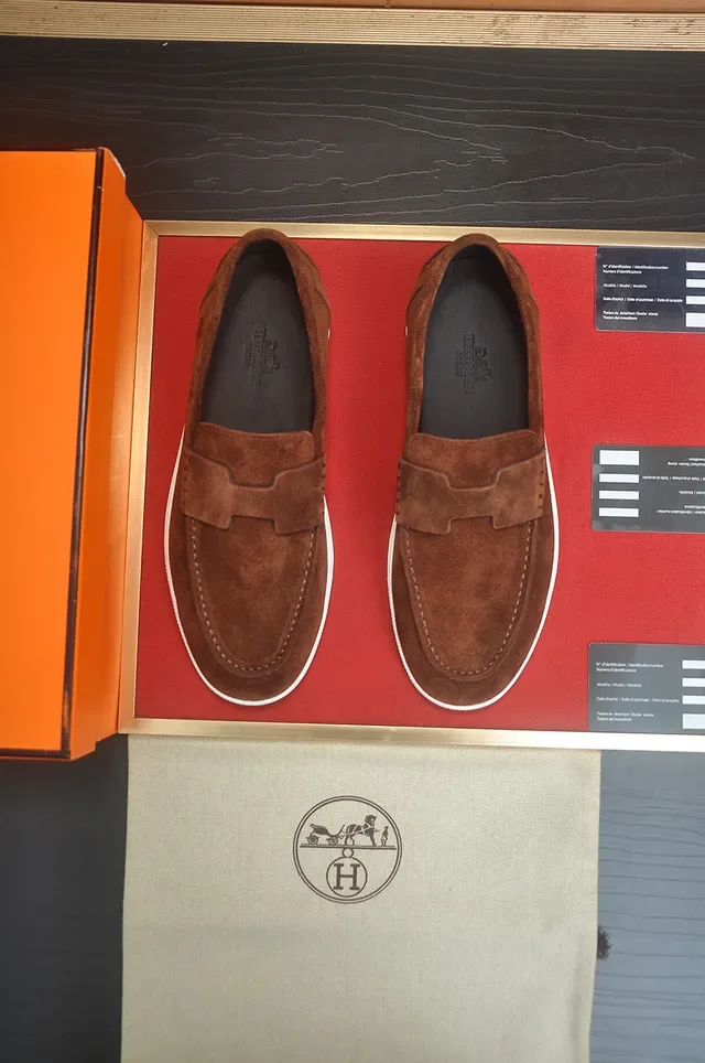 Hermès Brown White Suede Upper Penny Strap Loafer 5