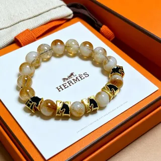 Pulseira Hermès Cheval Bege Dourada com Contas de Quartzo Rutilado