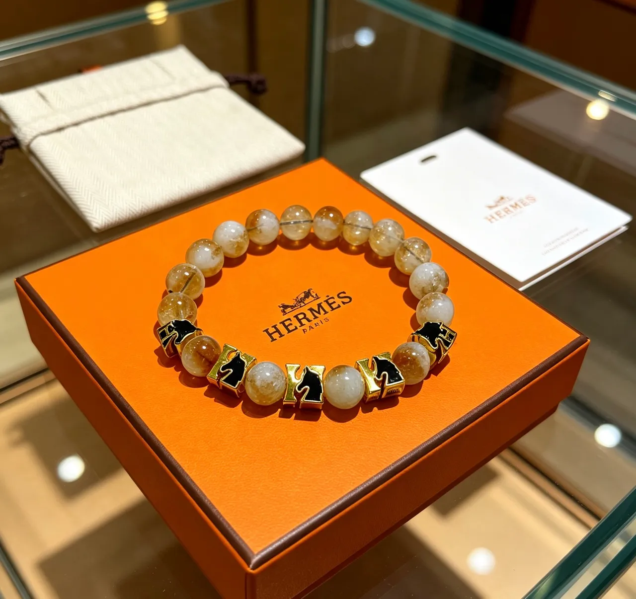 Hermès Cheval Beige Gold Beaded Rutilated Quartz Bracelet 2