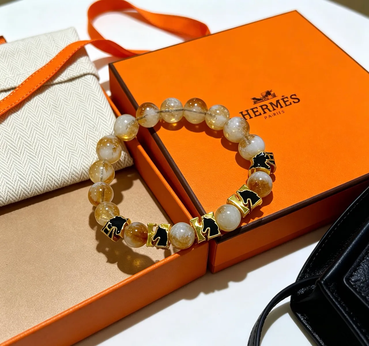 Hermès Cheval Beige Gold Beaded Rutilated Quartz Bracelet 6