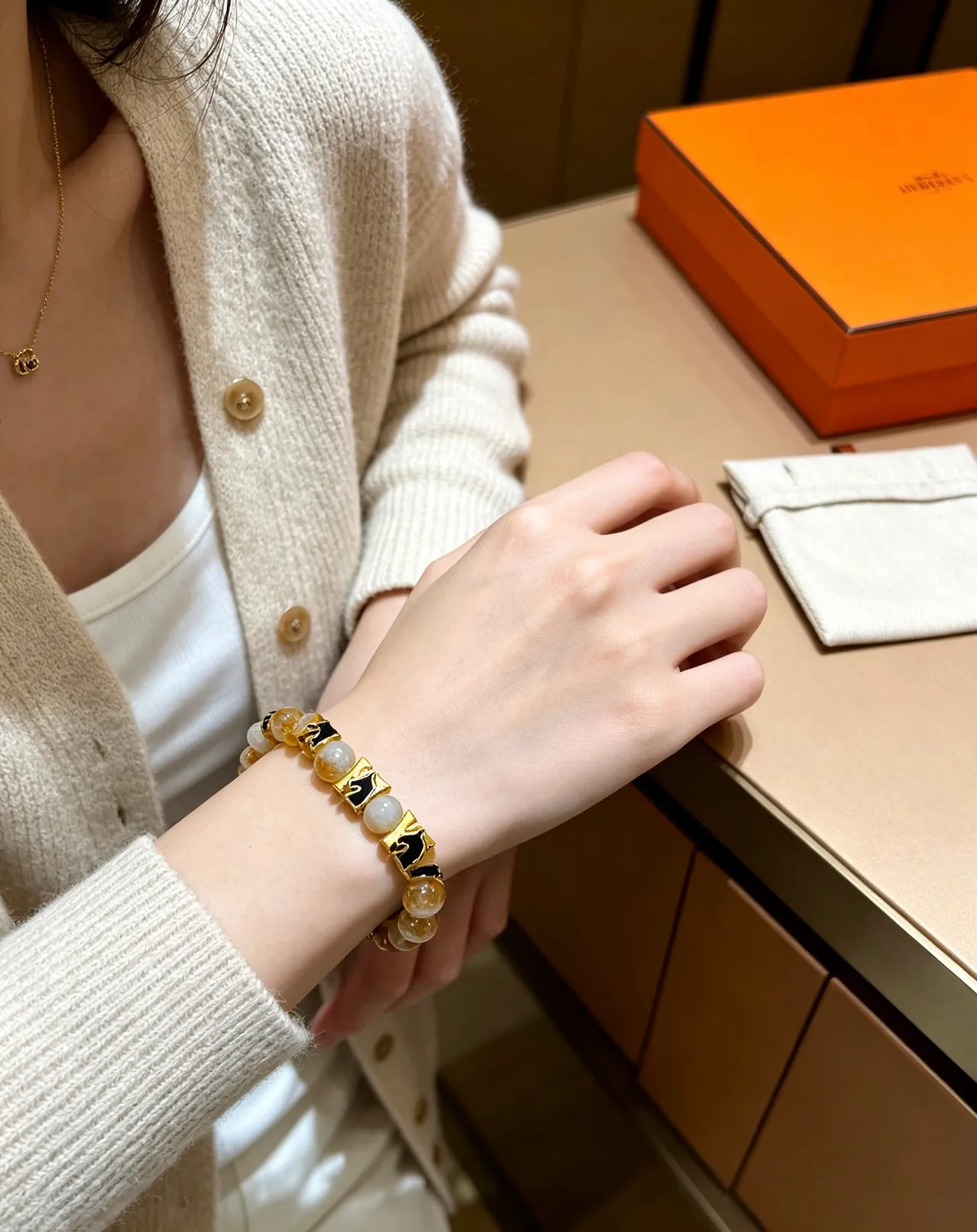 Hermès Cheval Beige Gold Beaded Rutilated Quartz Bracelet 7