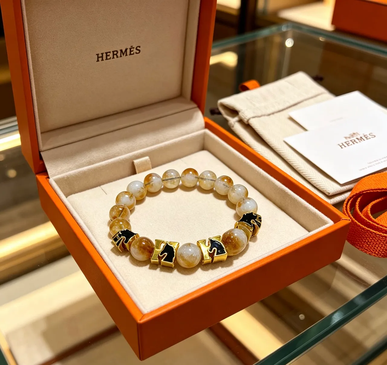 Hermès Cheval Beige Gold Beaded Rutilated Quartz Bracelet 9