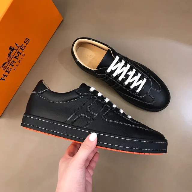 Hermès Chypre Black Orange H-Motif Side Panel White Contrast Stitching Lifestyle Sneakers 6