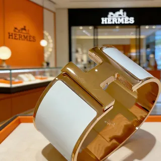 Hermès Clic H White Enamel Gold-Tone Rigid Cuff Bracelet