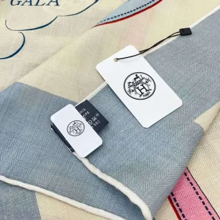 Hermès Gala Beige Blue Herringbone Weave Printed Graphic Motif Silk Scarf