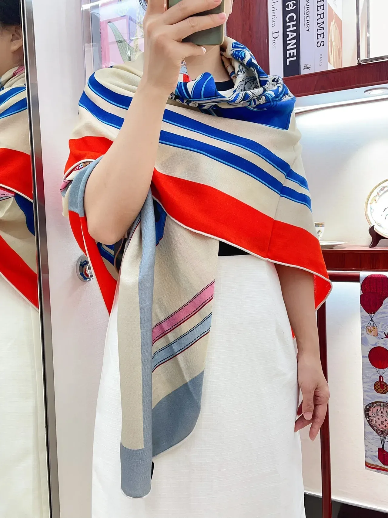 Hermès Gala Beige Blue Herringbone Weave Printed Graphic Motif Silk Scarf 2