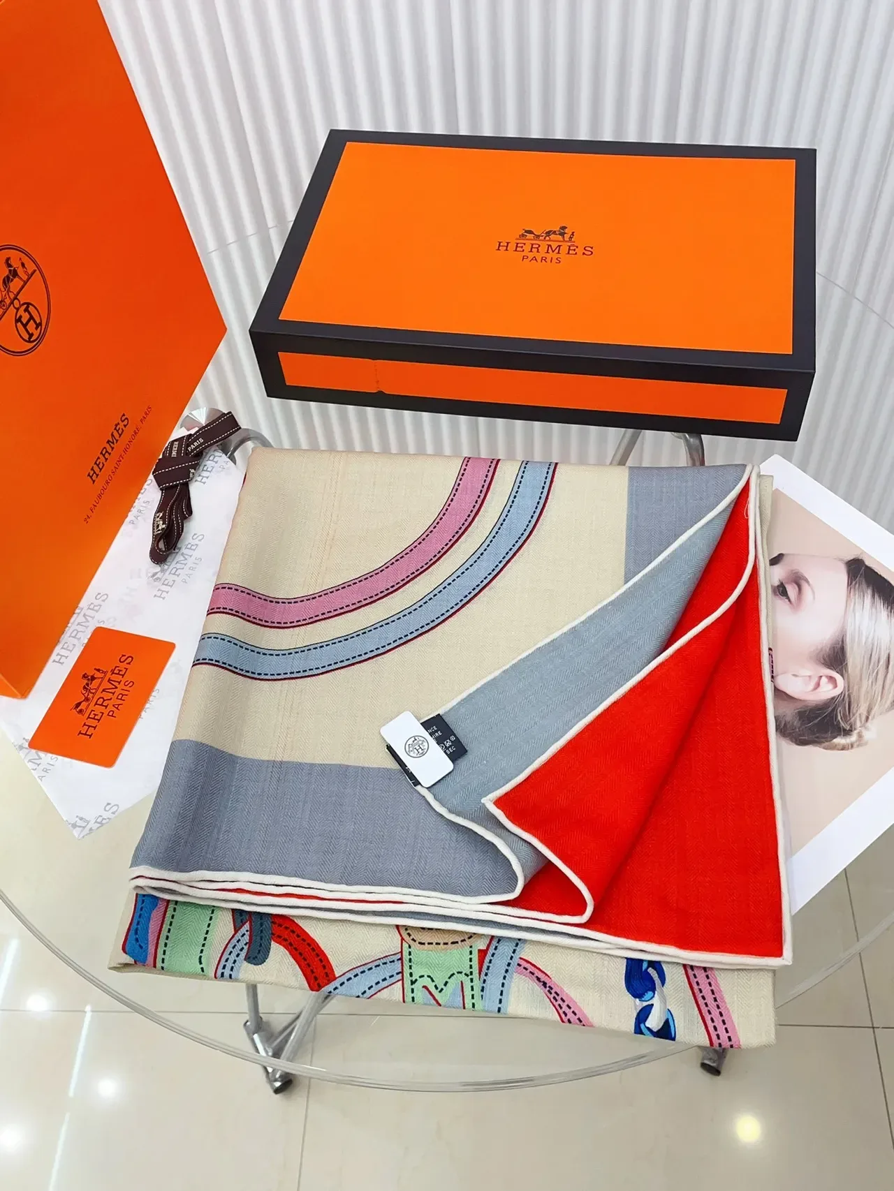 Hermès Gala Beige Blue Herringbone Weave Printed Graphic Motif Silk Scarf 5