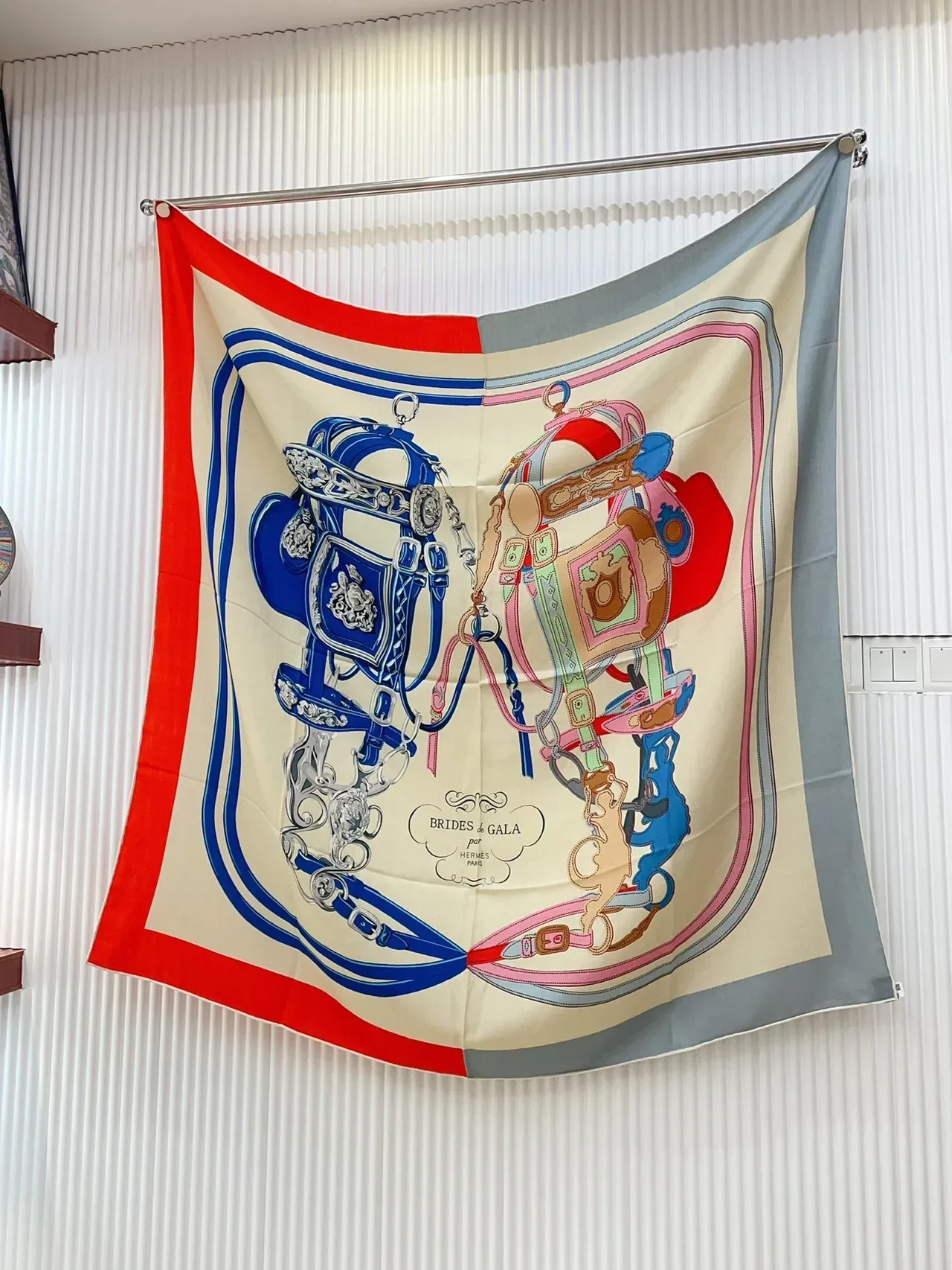 Hermès Gala Beige Blue Herringbone Weave Printed Graphic Motif Silk Scarf 6