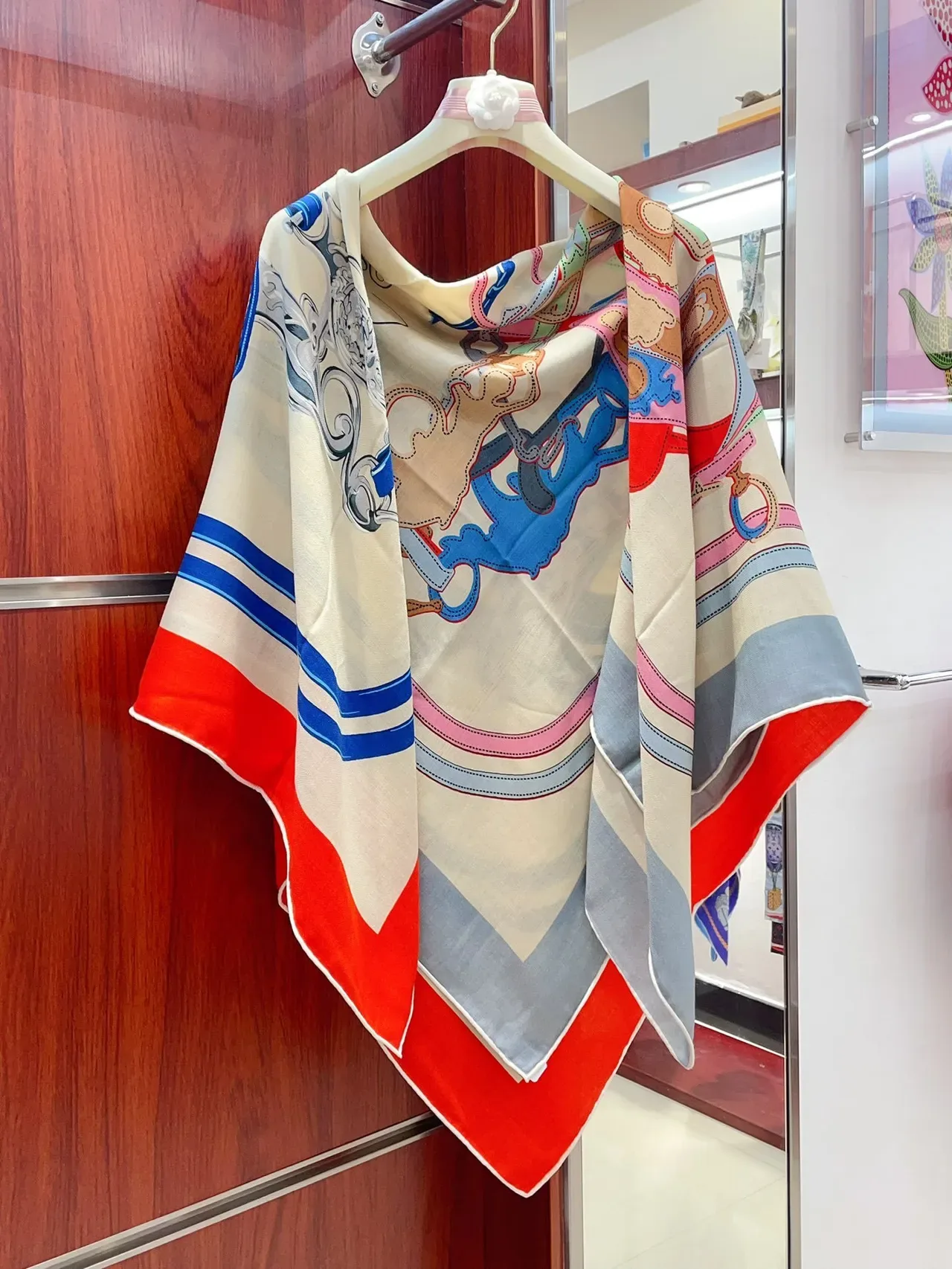 Hermès Gala Beige Blue Herringbone Weave Printed Graphic Motif Silk Scarf 7