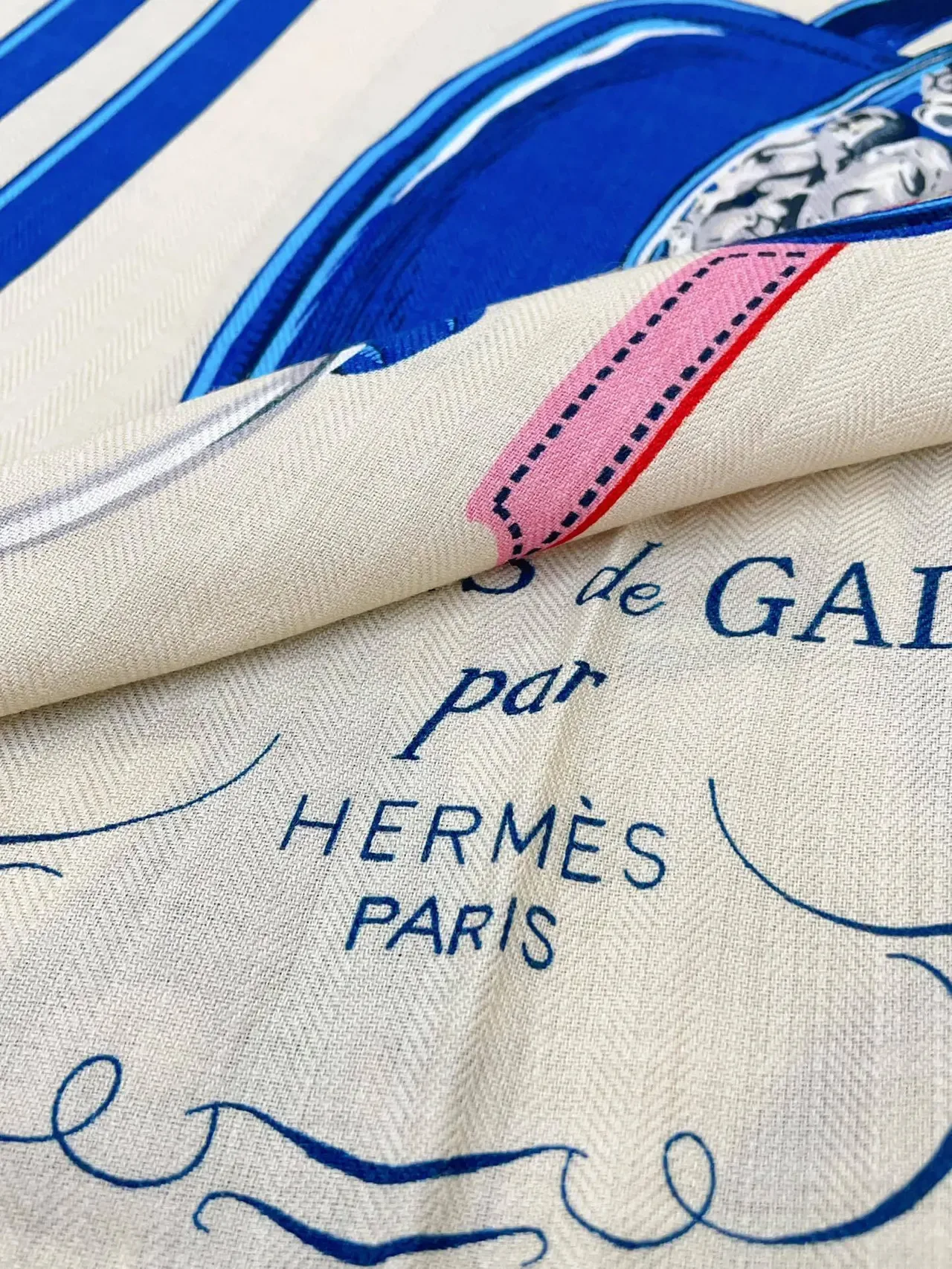Hermès Gala Beige Blue Herringbone Weave Printed Graphic Motif Silk Scarf 9