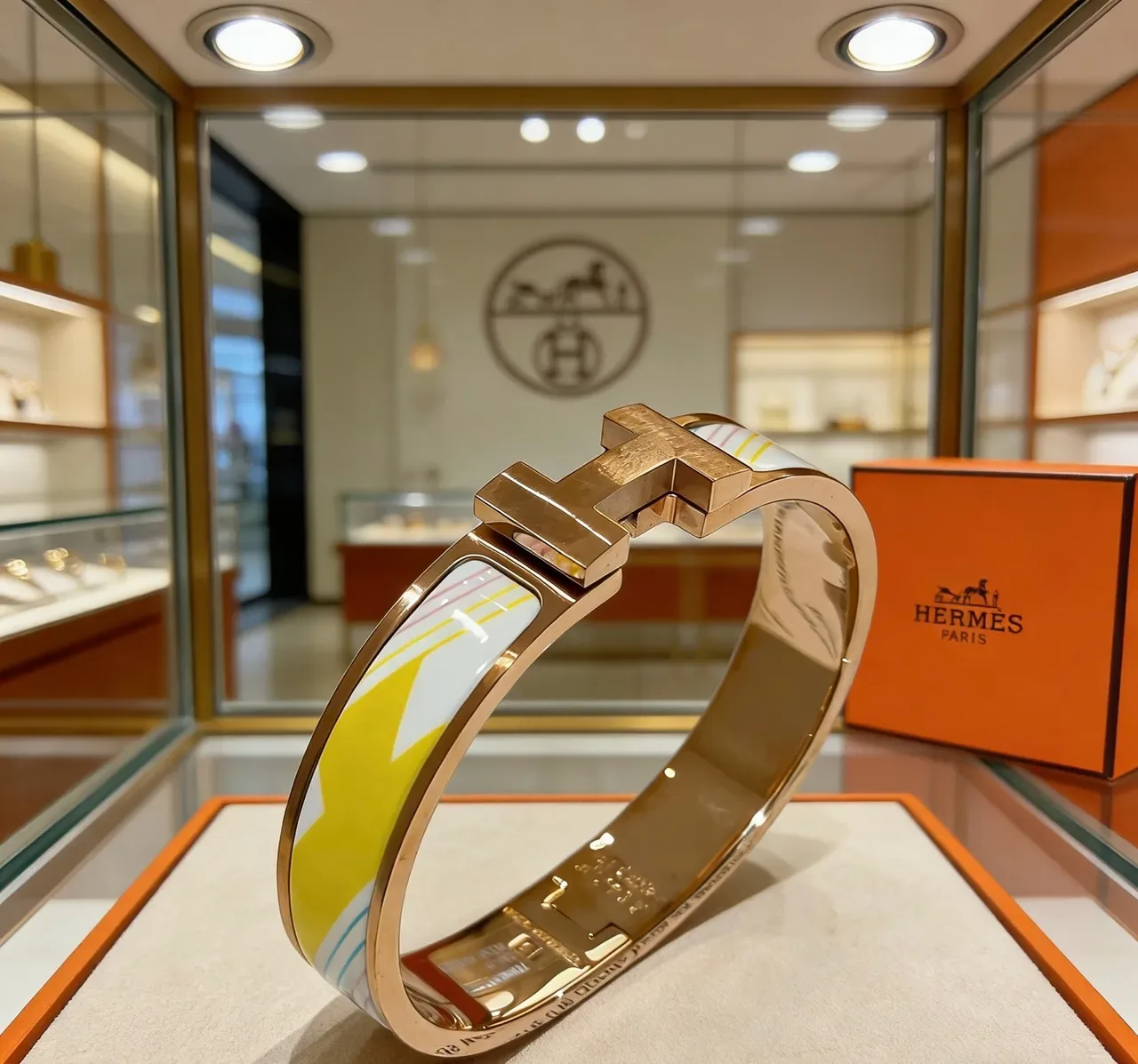 Hermès Gold Multicolor H-Shaped Clasp Enamel Inlay Bracelet 1