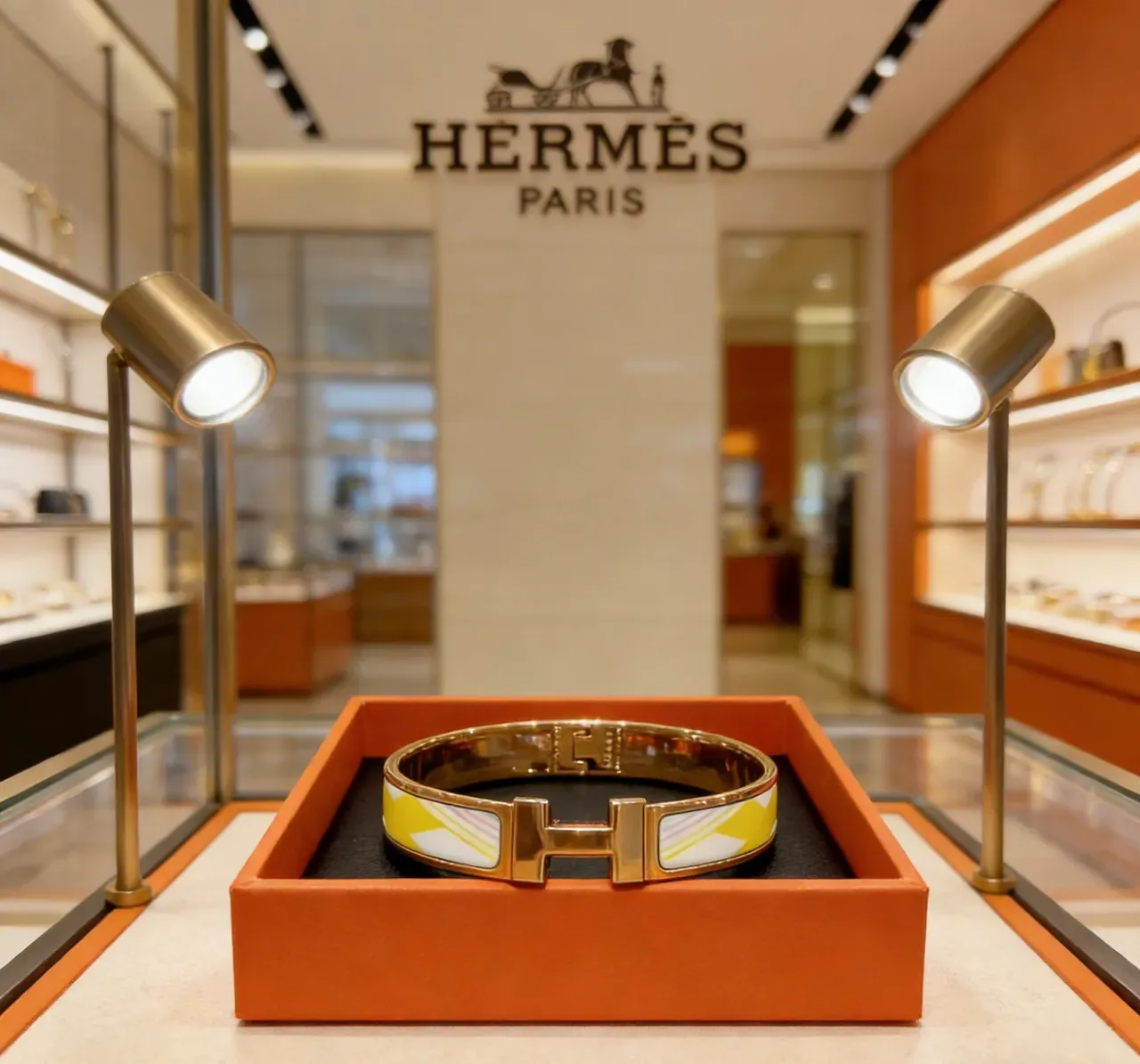 Hermès Gold Multicolor H-Shaped Clasp Enamel Inlay Bracelet 3