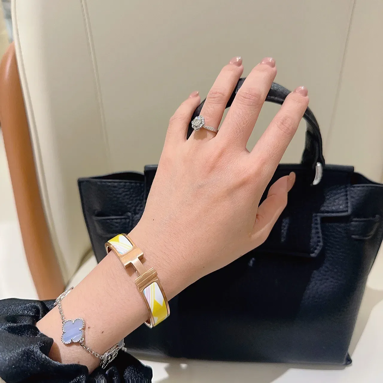 Hermès Gold Multicolor H-Shaped Clasp Enamel Inlay Bracelet 7