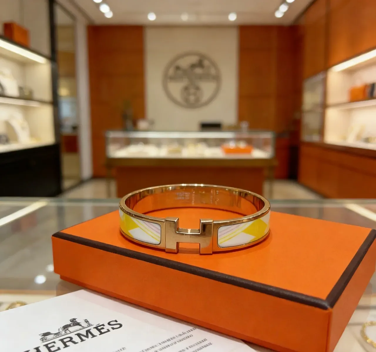 Hermès Gold Multicolor H-Shaped Clasp Enamel Inlay Bracelet 8