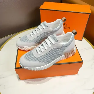Hermès Gray White Mesh And Suede Upper Zigzag-Patterned Midsole Sneakers