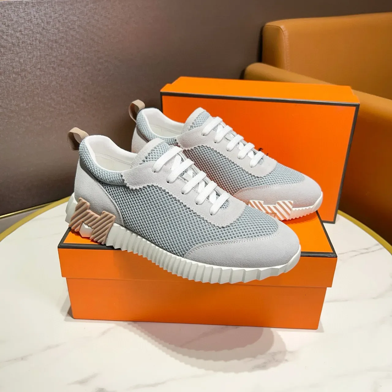 Hermès Gray White Mesh And Suede Upper Zigzag-Patterned Midsole Sneakers 3
