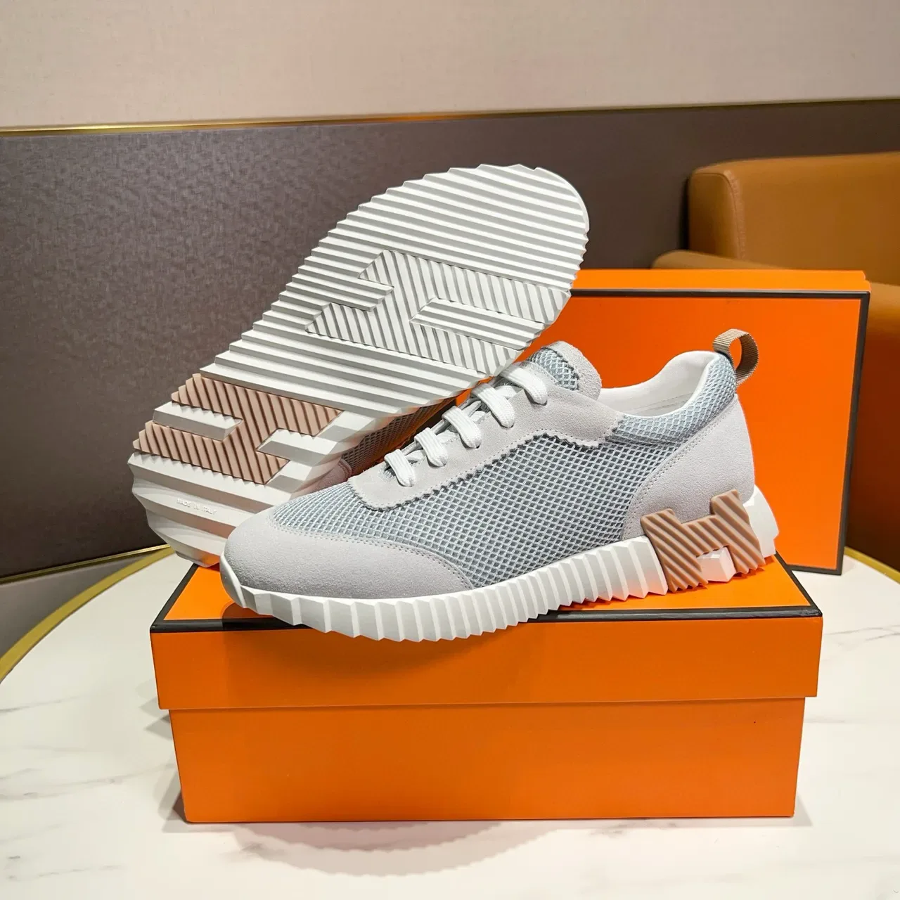 Hermès Gray White Mesh And Suede Upper Zigzag-Patterned Midsole Sneakers 5