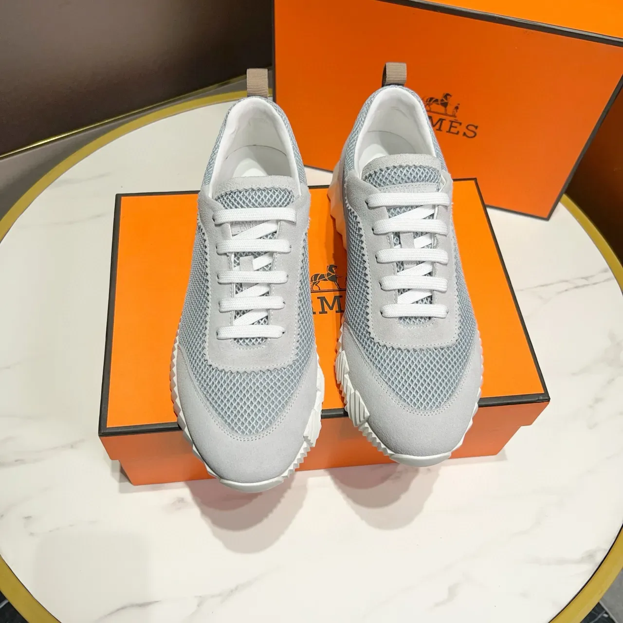 Hermès Gray White Mesh And Suede Upper Zigzag-Patterned Midsole Sneakers 8