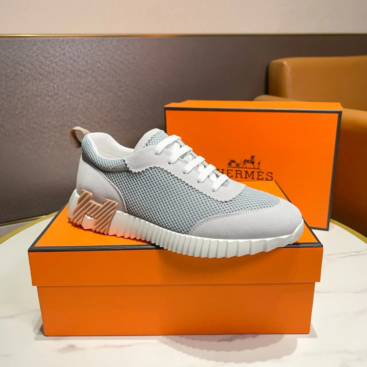 Hermès Gray White Mesh And Suede Upper Zigzag-Patterned Midsole Sneakers 9