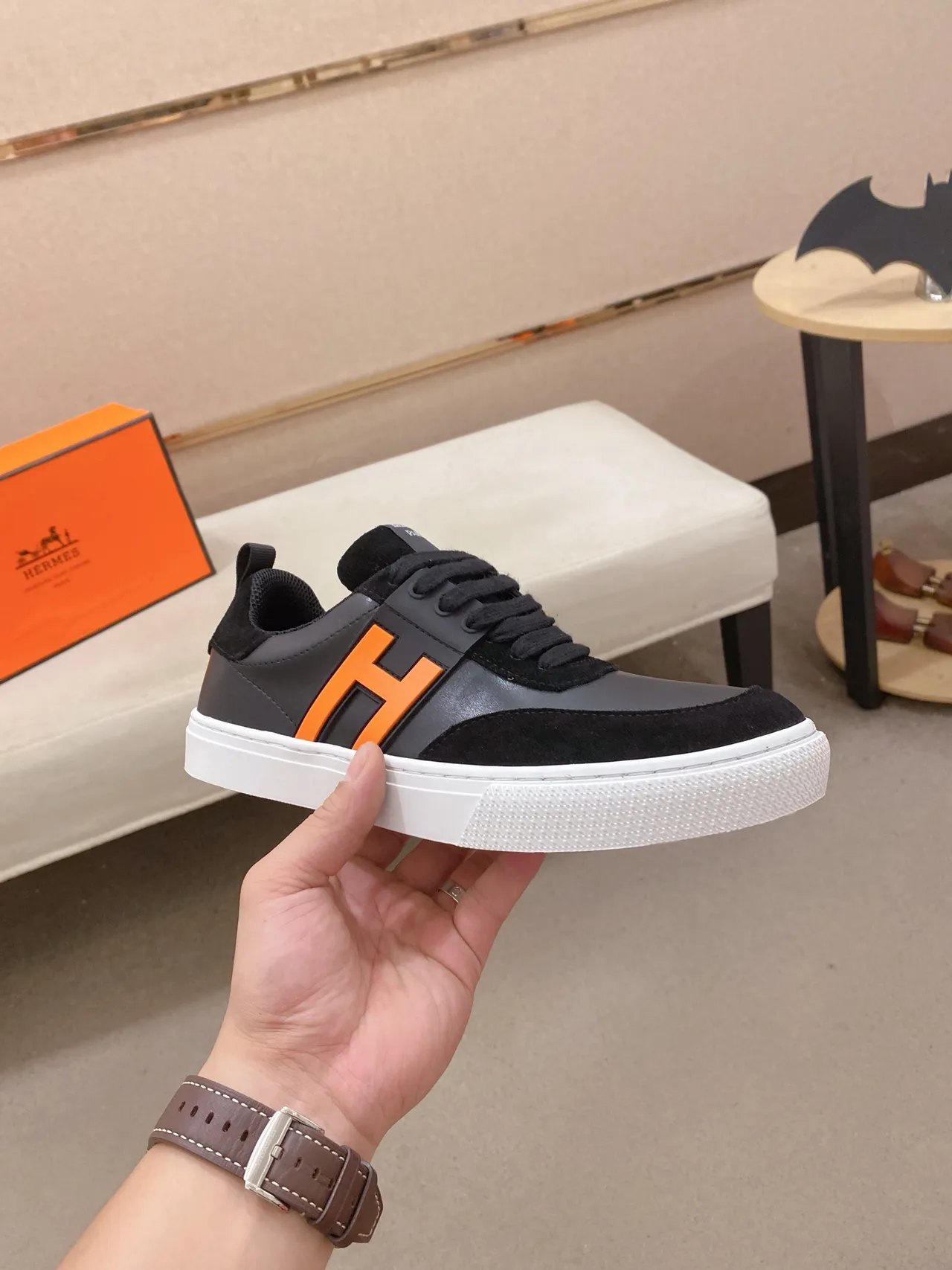 Hermès H Cut Black and Orange Logo Lifestyle Sneakers 4