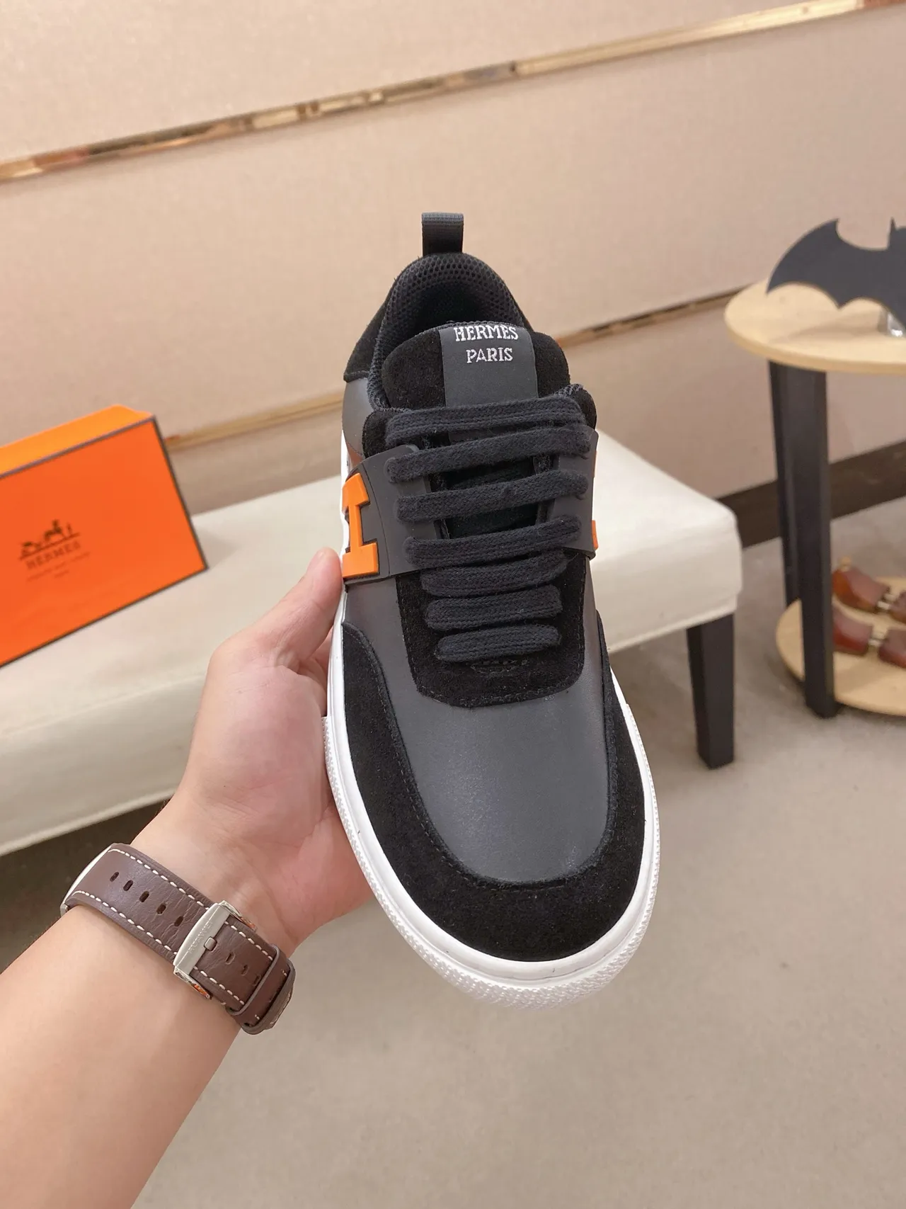 Hermès H Cut Black and Orange Logo Lifestyle Sneakers 5