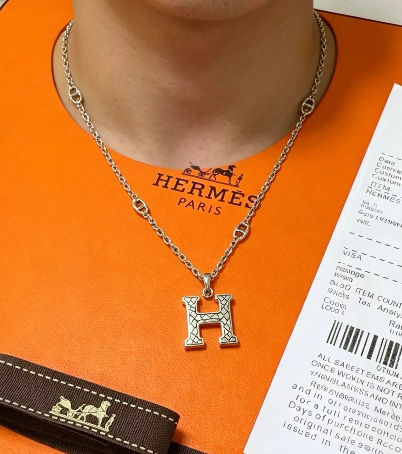 Hermès H Pendant Silver Chain Necklace 7